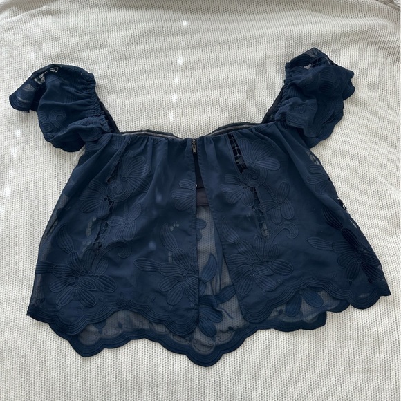 Lovers + Friends Navy Blue Lace Sheer Off the Shoulder Top Size M - Picture 5 of 8